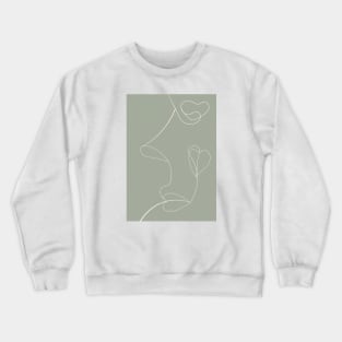 Continuous Line Art Face Drawing, Floral Shapes, Sage Green Crewneck Sweatshirt